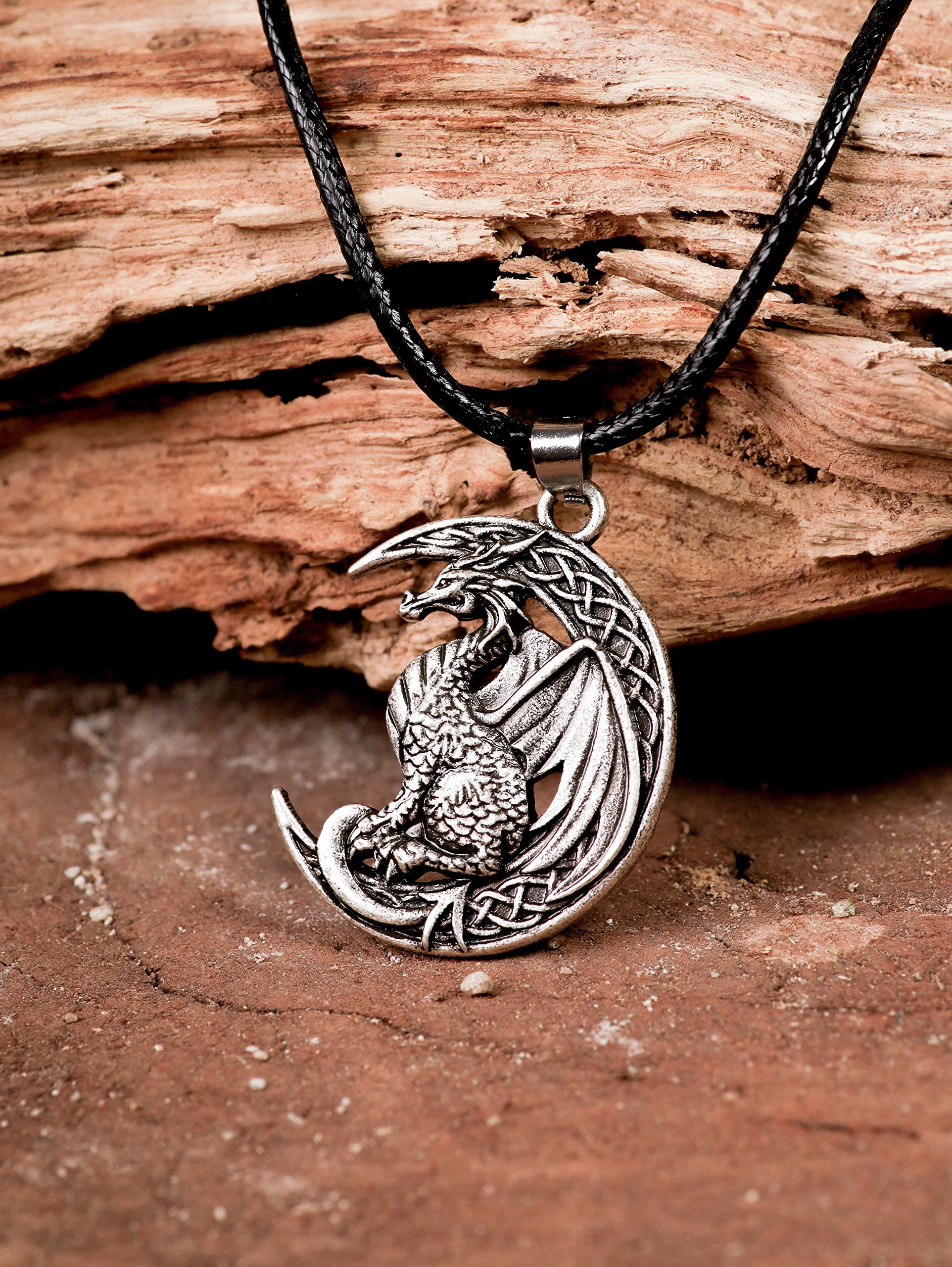 HAQUIL Dragon Necklace for Men, Celtic Dragon on Crescent Moon Pendant, Faux Leather Cord, Dragon Jewelry Gift