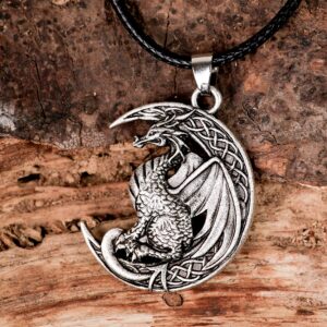 HAQUIL Dragon Necklace for Men, Celtic Dragon on Crescent Moon Pendant, Faux Leather Cord, Dragon Jewelry Gift