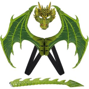 halloween dragon costume wing dinosaur tail mask dragon cosplay dinosaur costume set for kids children (green)