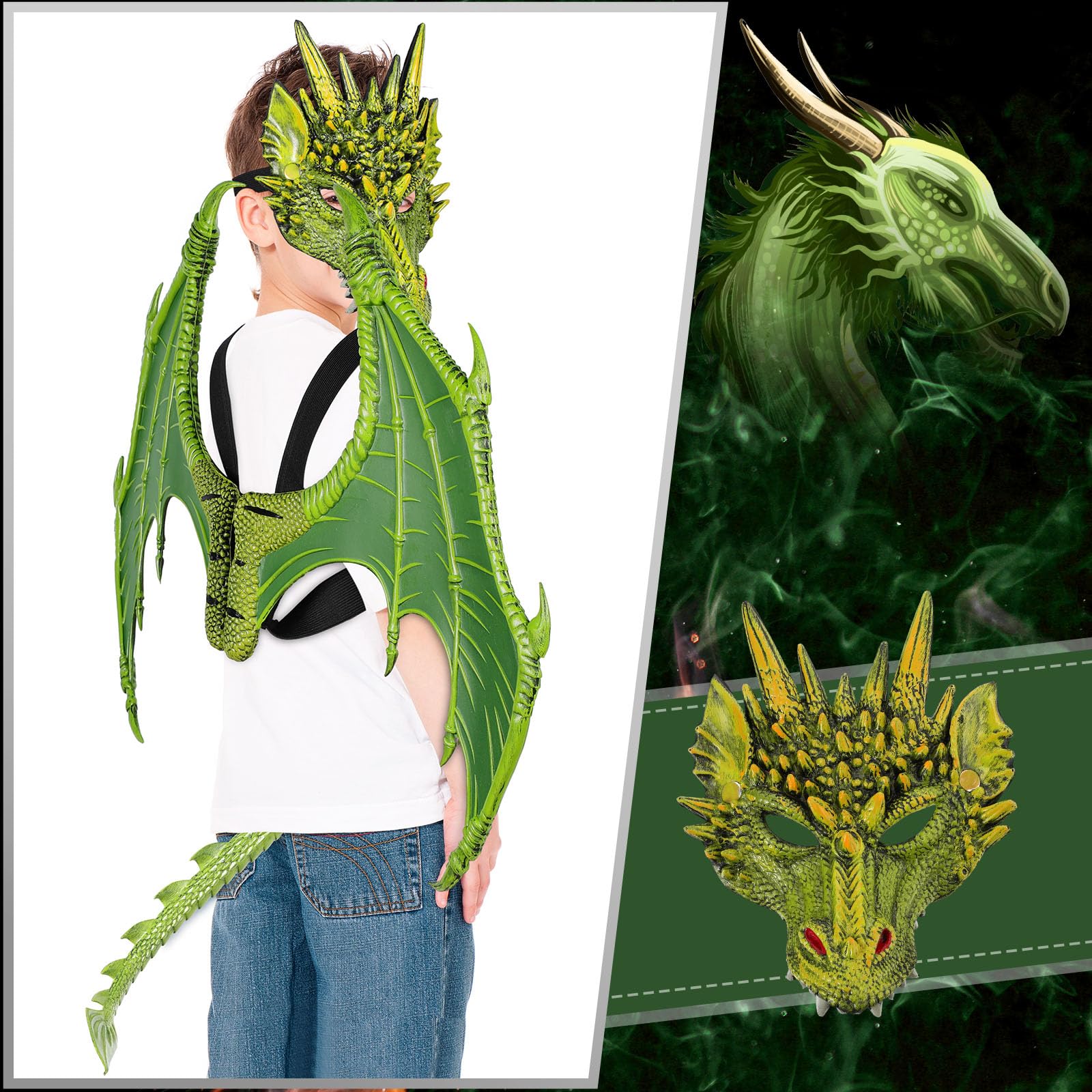 Halloween Dragon Costume Wing Dinosaur Tail Mask Dragon Cosplay Dinosaur Costume Set for Kids Children (Green)