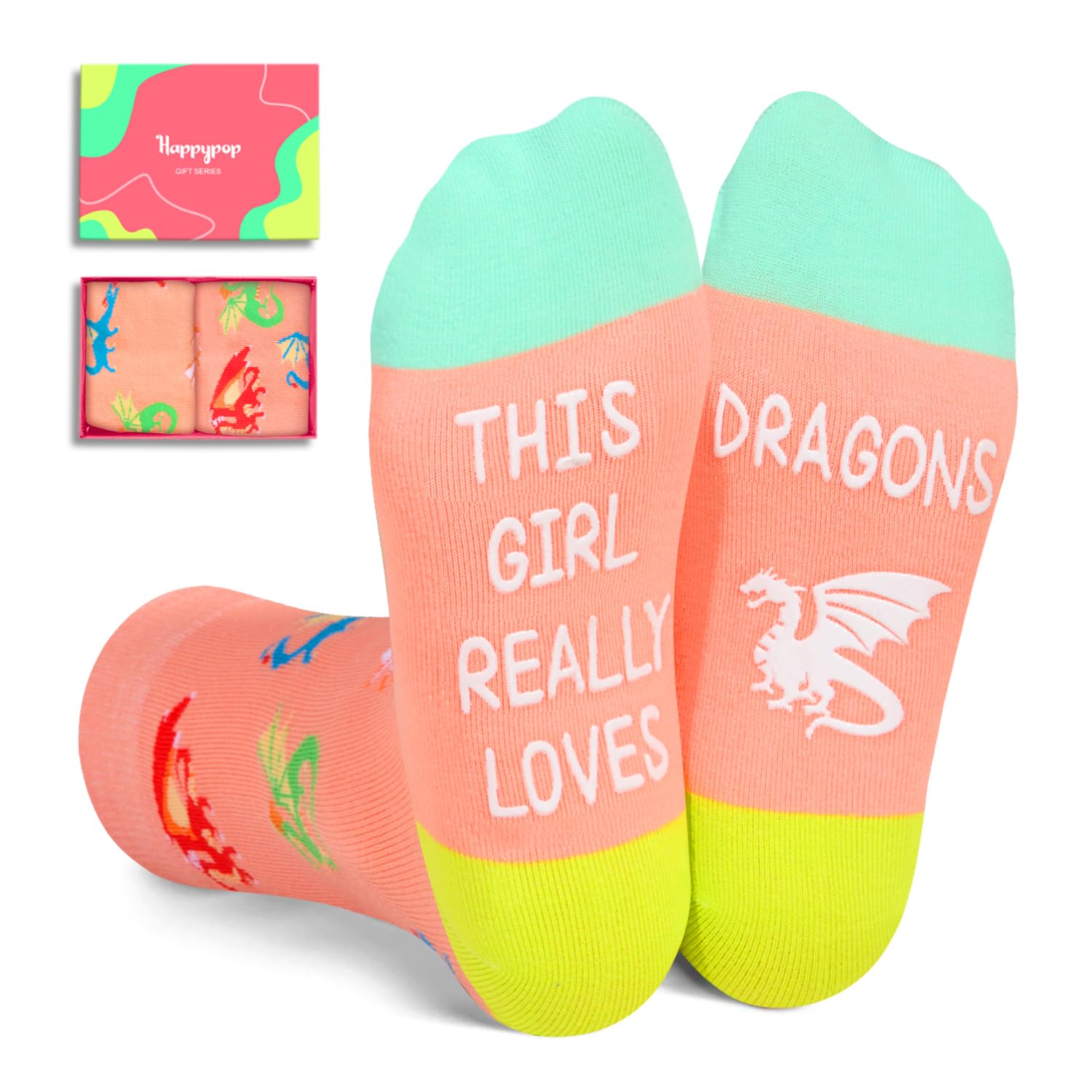 HAPPYPOP Crazy Dragon Gifts for Girls Kids, Silly Kids Girls Socks Dragon Girl Socks Dragon Stuff, Kids Socks for Girls 7-9 Years Old