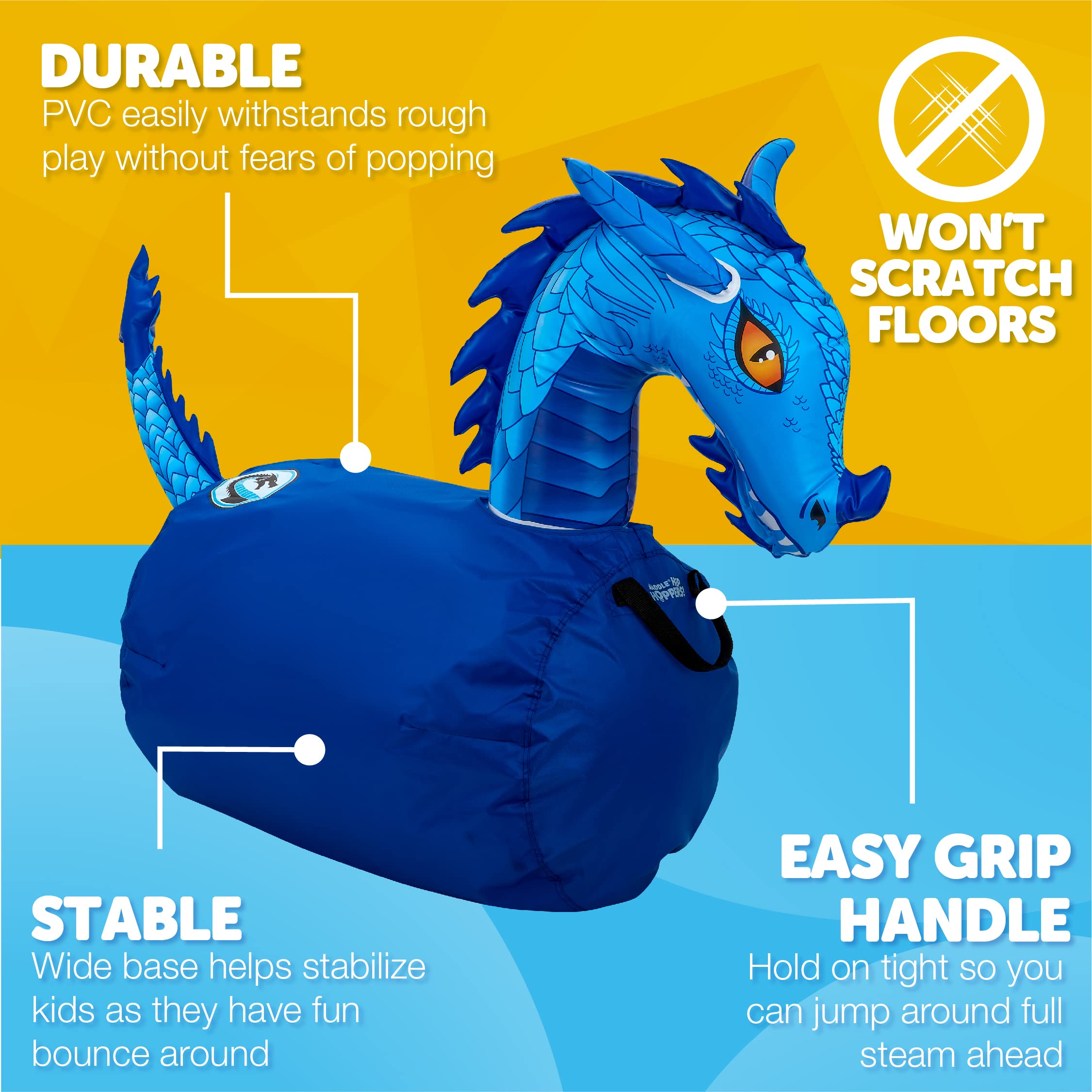 WADDLE Hip Hoppers Large Bouncy Hopper Inflatable Hopping Animal Bouncer, Supports Up to 250 Pounds, Ages 5 and Up (Blue Dragon)