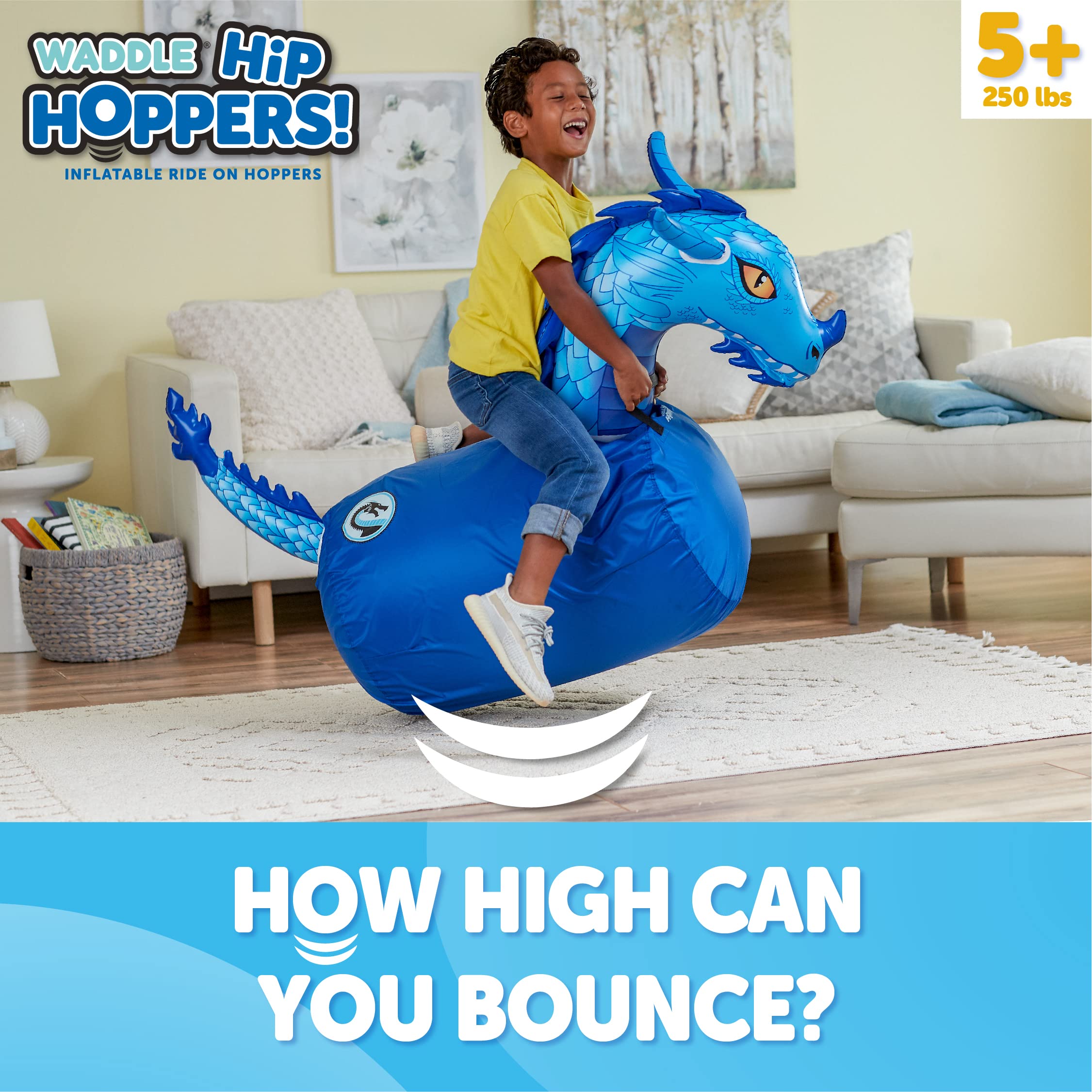 WADDLE Hip Hoppers Large Bouncy Hopper Inflatable Hopping Animal Bouncer, Supports Up to 250 Pounds, Ages 5 and Up (Blue Dragon)