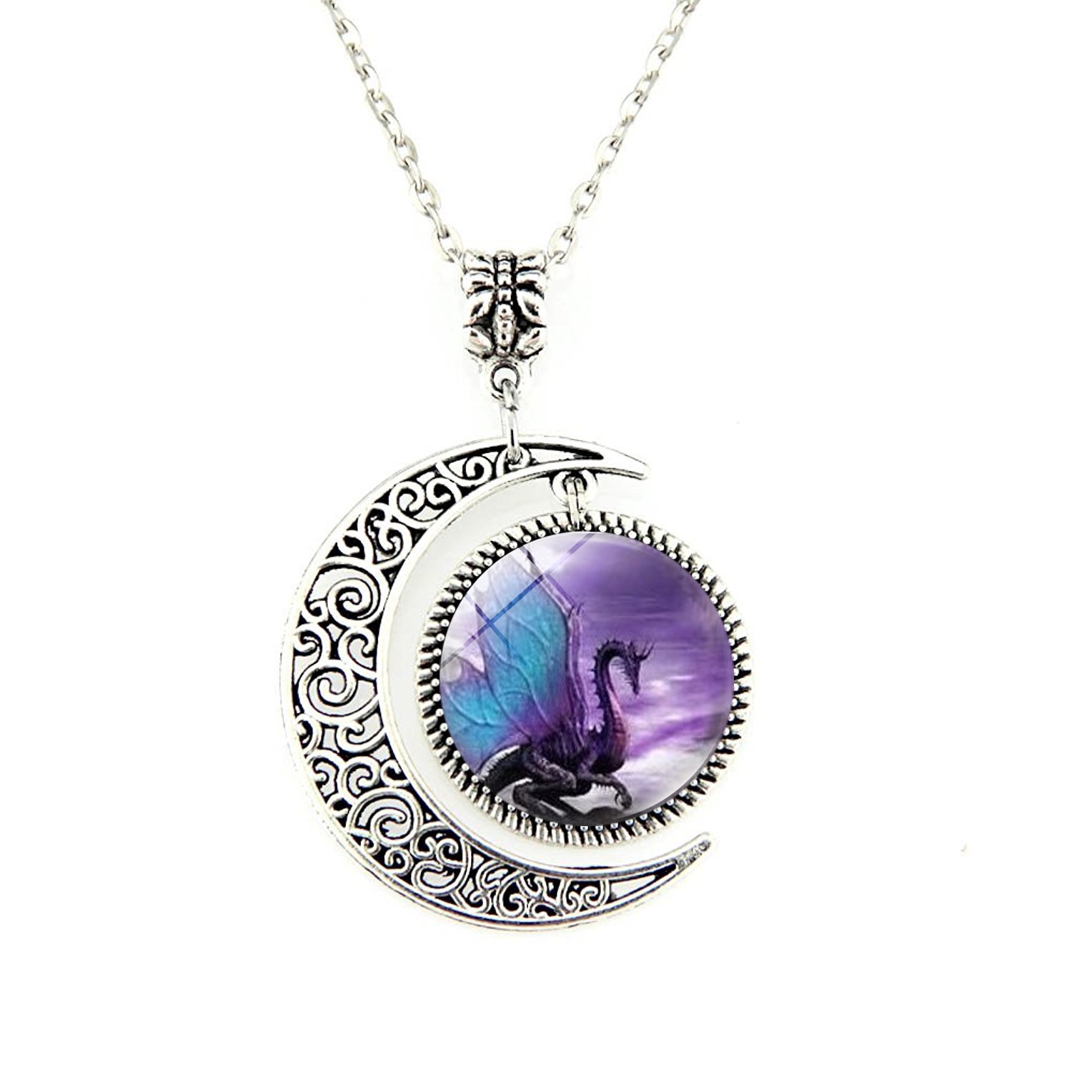 JTIISICY Blue Wing Dragon Moon Necklace Dragon Pendant Necklace or Dragon Keyring Dragon Jewelry Dragon Pendant Dragon Necklace