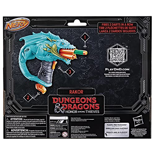 NERF Dungeons & Dragons Rakor Blaster, 4 Elite 2.0 Darts, Kids Outdoor Games, D&D Blaster Toys for Ages 8 & Up