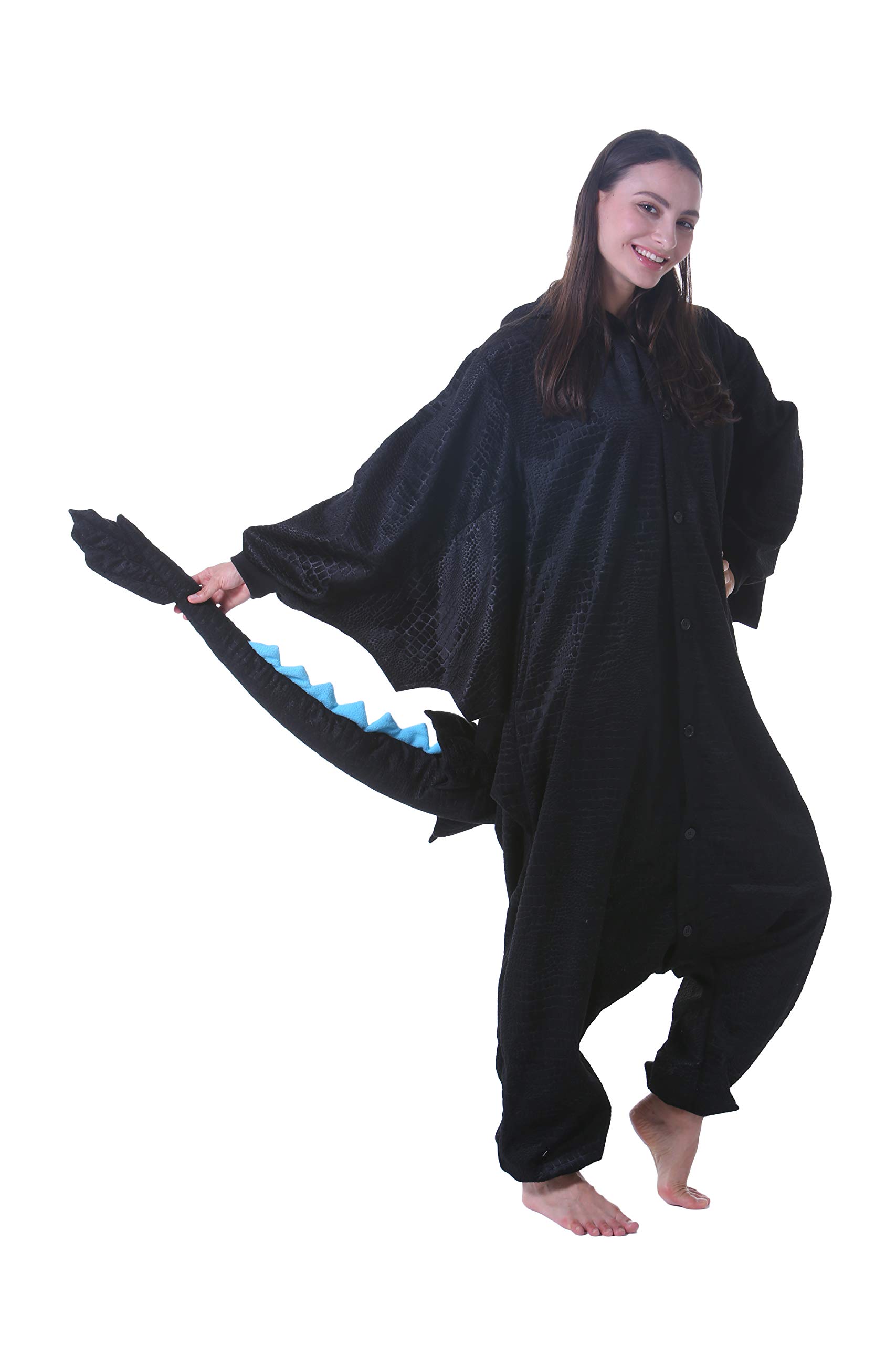 DarkCom Unisex Adult Animal Halloween Costume Cosplay Black Dragon Onesie One Piece Christmas Pajamas Sleepwear X-Large