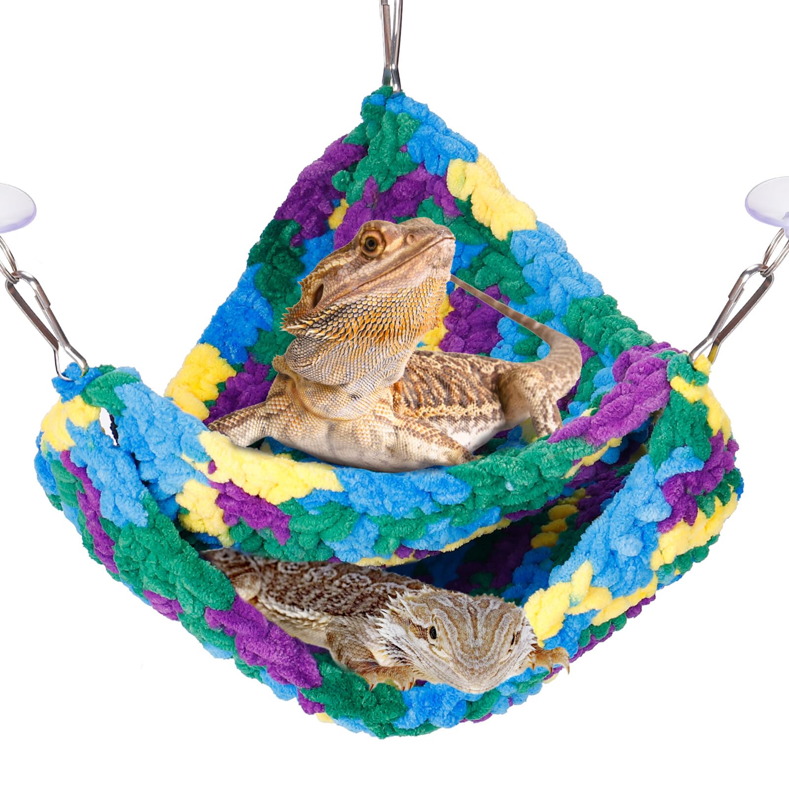 Double-Layered Reptile Hammock - Soft Bearded Dragon Hammock Swing Hanging Bed with Strong Suction Cups & Hooks, for Lizard Gecko Chameleon Small Reptiles, Triangular