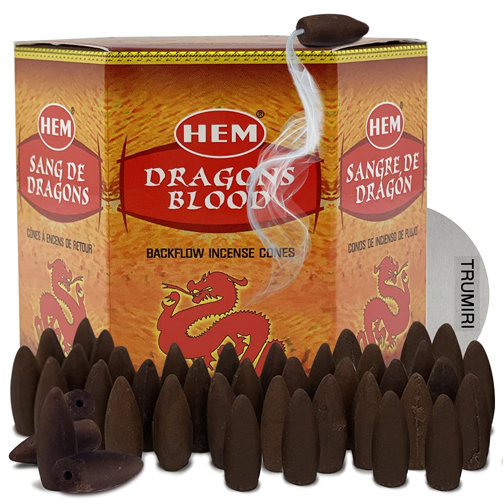 Dragons Blood Hem Backflow Incense Cones for Waterfall Aromatic Smoke Fountain Haze Falls Burner Holder and Mat Bundle - 40 Large Back Flow Incense Cones Scented