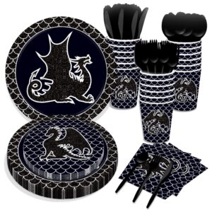 116 Pcs Black Dragon Birthday Party Supplies Tableware Set Paper Plates Dessert Plate Napkins Cups Forks Kit for Dragon Theme Party Supplies Dragon Fantasy Party Supplie,16 Guest