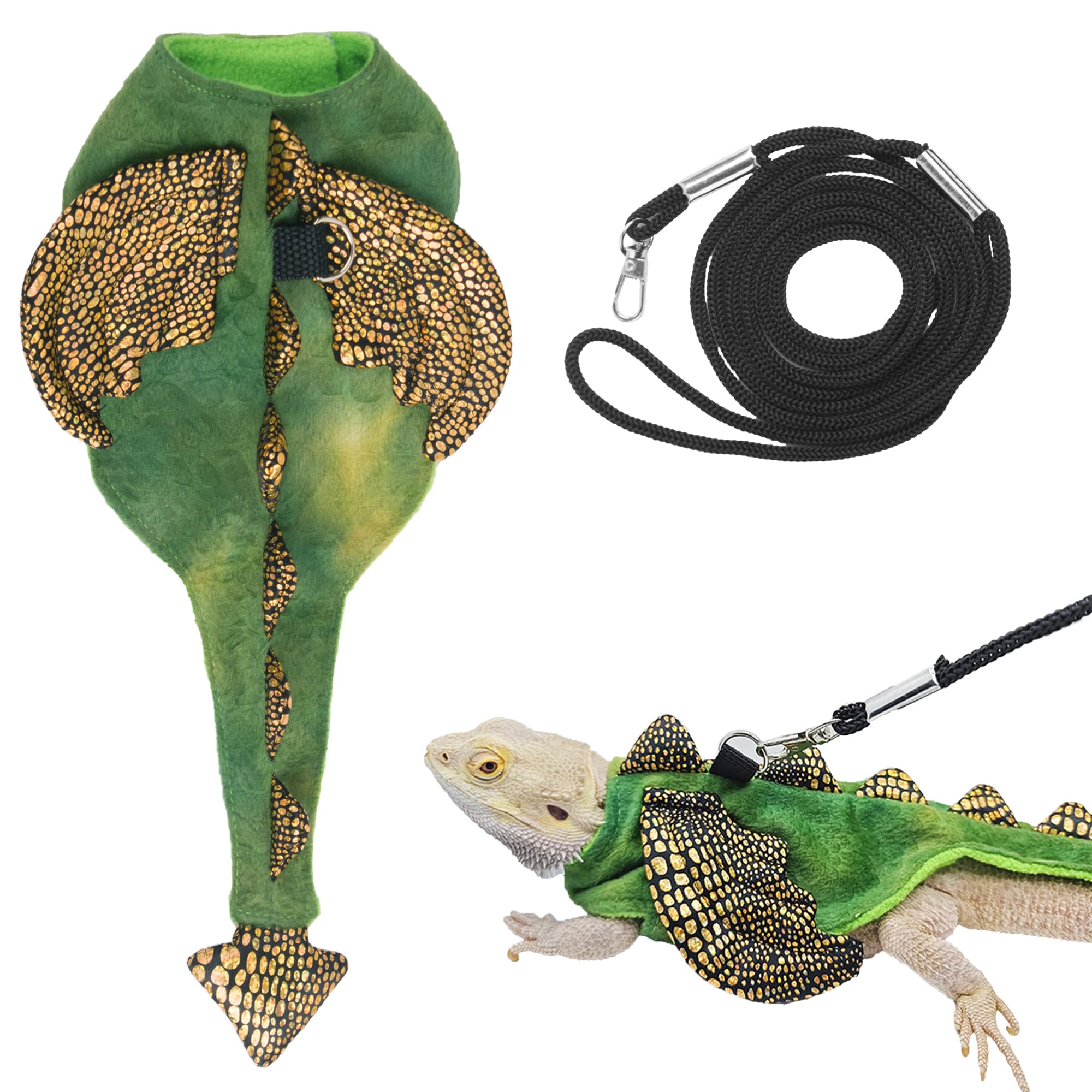 ADOGGYGO Bearded Dragon Harness Leash Set, Lizard Dragon Costume Adjustable Lizard Dinosaur Leash Harness for Bearded Dragon Reptiles (Green, Small)