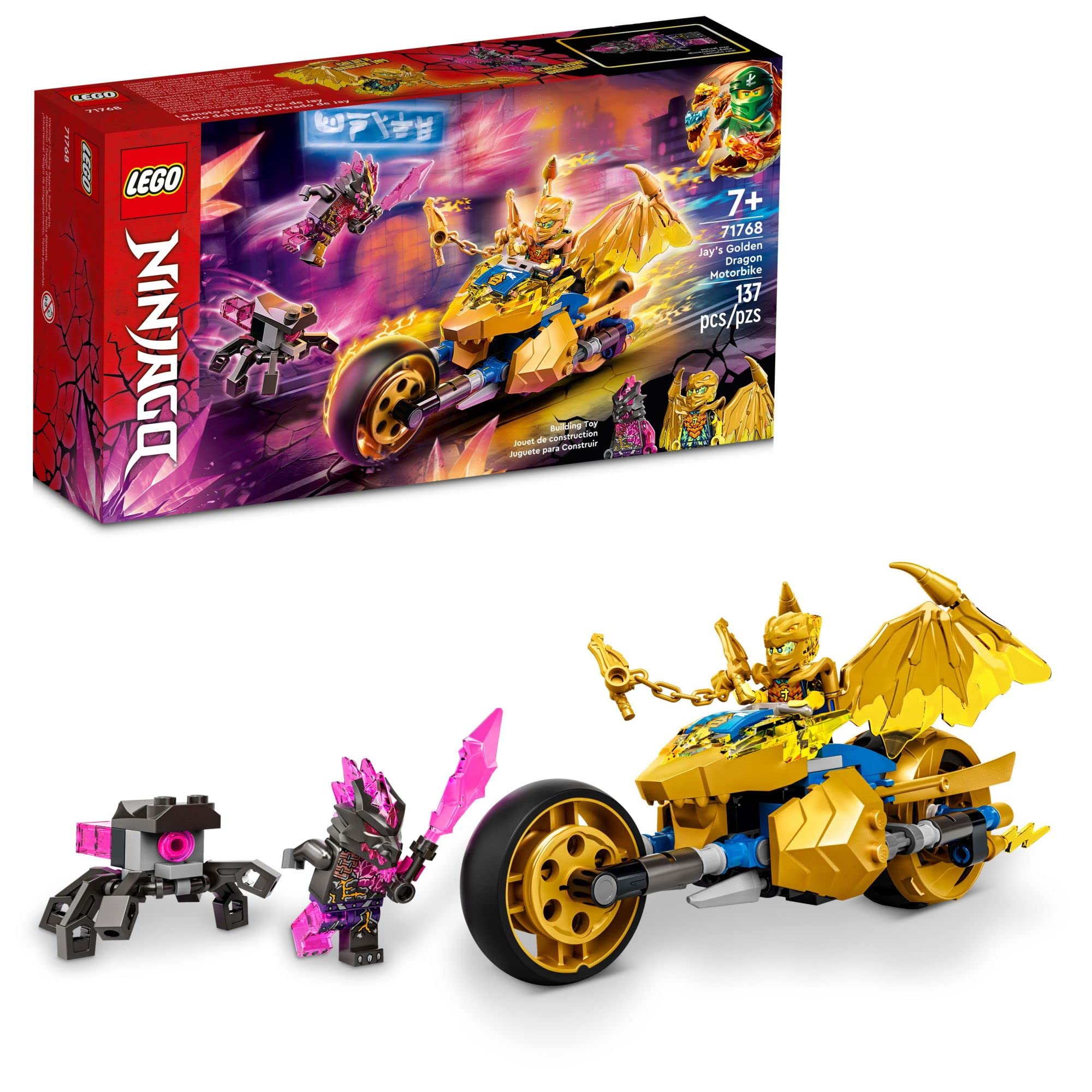 LEGO NINJAGO Jay's Golden Dragon Set, 71768 Toy Motorcycle with Dragon, Spider Figure and Jay Minifigure, Birthday Gift Idea for Kids 7 Plus