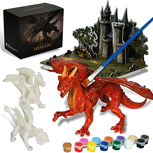 Kids Arts Crafts Set - Dragon Toys Painting Kit with 3 Dragons Figurines and 3D Jigsaw Puzzle Castle, Best Tween Paint Gift to Create Own Powerful Dragon