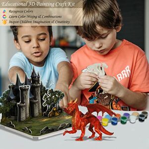 Kids Arts Crafts Set - Dragon Toys Painting Kit with 3 Dragons Figurines and 3D Jigsaw Puzzle Castle, Best Tween Paint Gift to Create Own Powerful Dragon