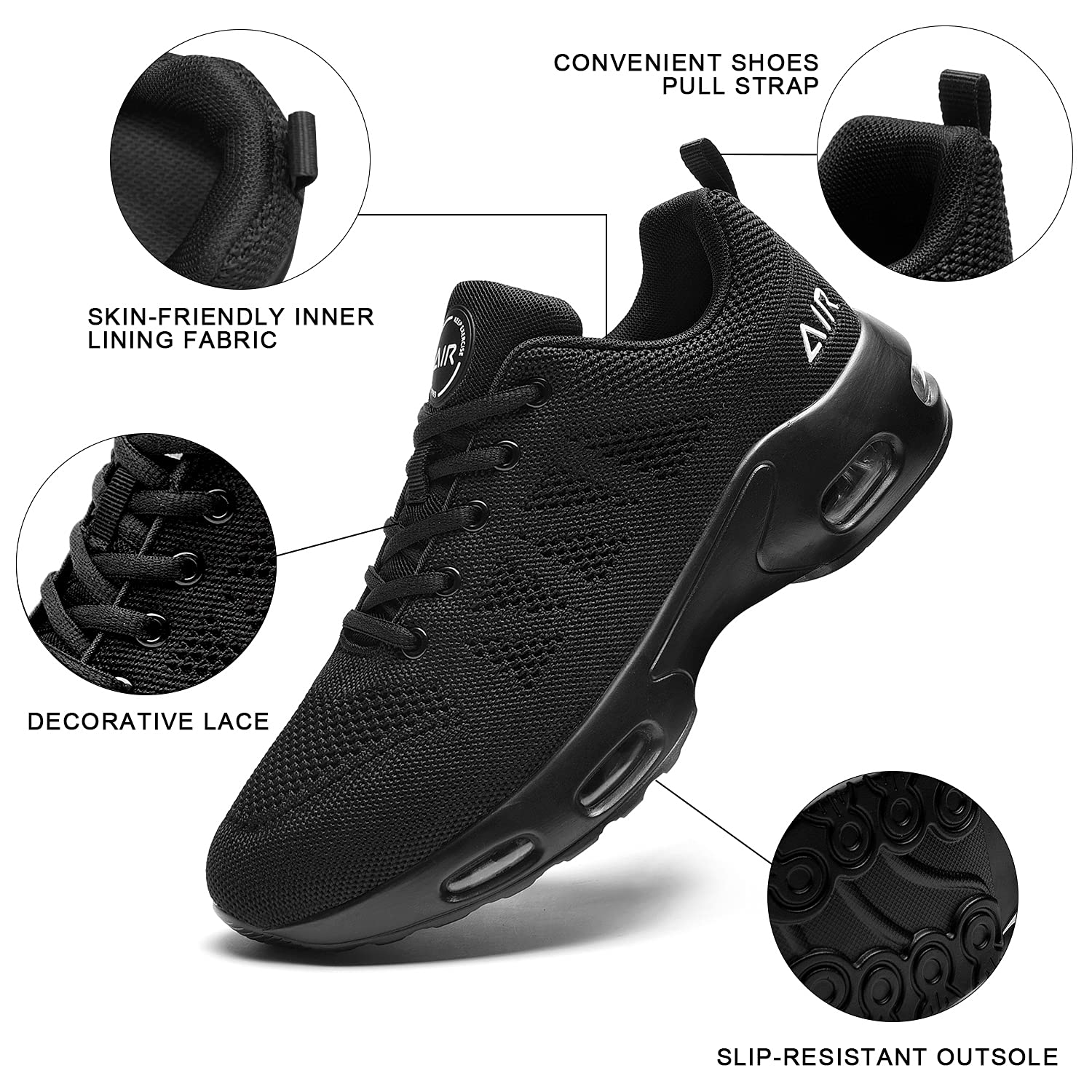 Quseek Men's Air Running Shoes Athletic Tennis Walking Sneakers Breathable Non-Slip Lace-up Sports Shoes for Fitness Jogging Working Black Size 10.5