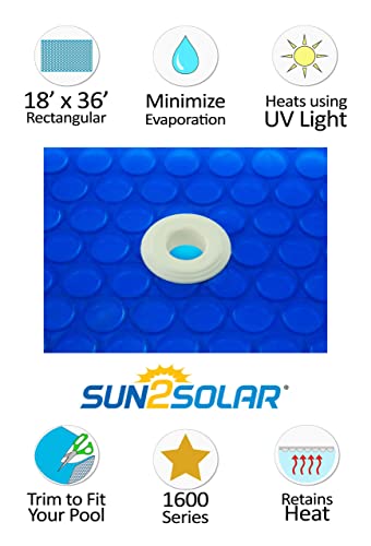 Sun2Solar Blue 18-Foot-by-36-Foot Rectangle Solar Cover Heat Retaining Blanket | 1600 Series with 6-Pack of Grommets Bundle | In-Ground and Above-Ground Rectangular Swimming Pool | Bubble-Side Down