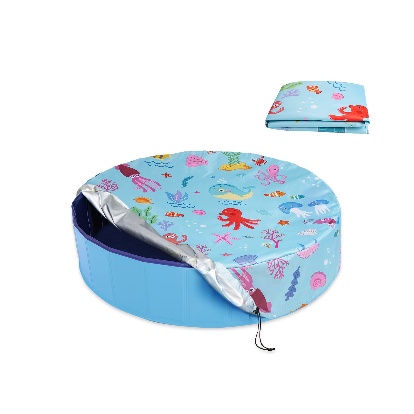 Docuwee Round Pool Cover 32", Foldable Kiddie Solar Cover Fit Dog Swimming Pool, Pets Kids Bath Tub, Inflatable Pool, Anti-UV Dustproof Pool Safety Cover with Cute Ocean Animals Pattern