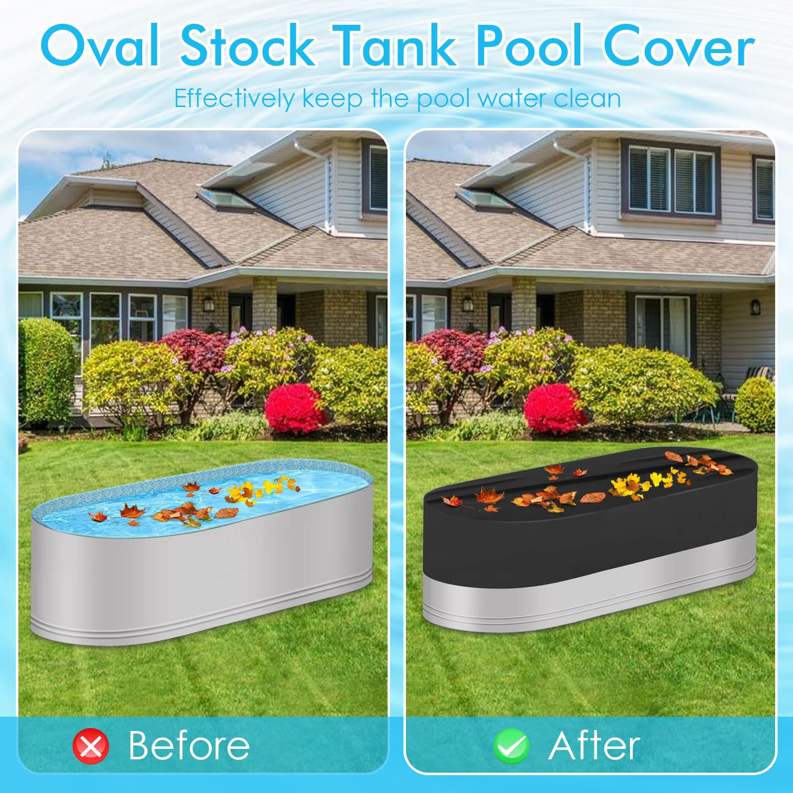 Oval Stock Tank Pool Cover 8 ft, 420D Heavy Duty Waterproof Polyester Oxford, Round Ended Stock Tank, Galvanized Stock Tank Pool Cover to Keep Oval Stock Tank Cold Plunge Pool, Tub, Pool Clean, Black