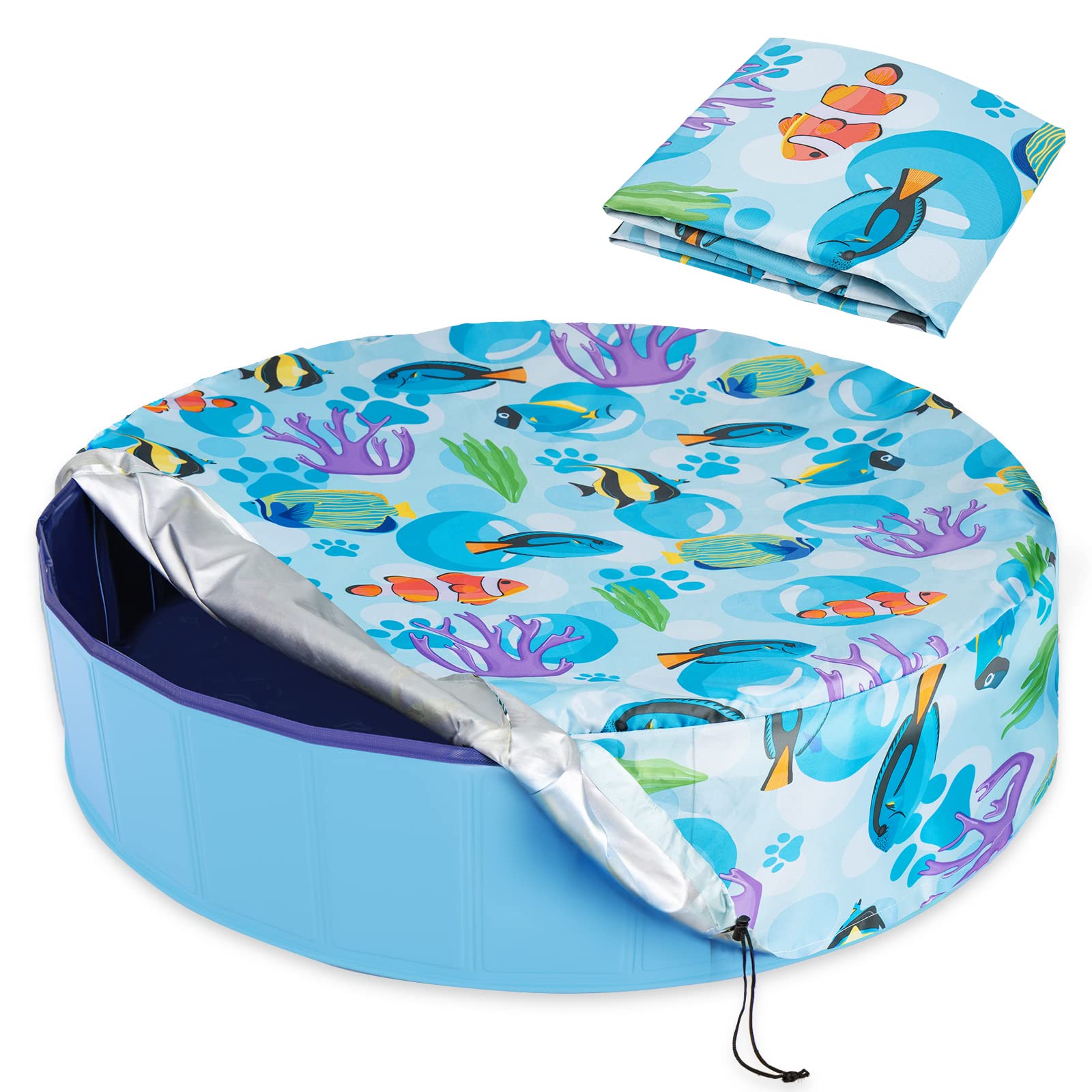 Ladadee Foldable Round Dog Swimming Pool Cover, for 63" Collapsible Outdoor Tub, PVC Coating Waterproof and UV Protection, Leakproof Washable Kiddie Pet Small Paddling Bath Accessories