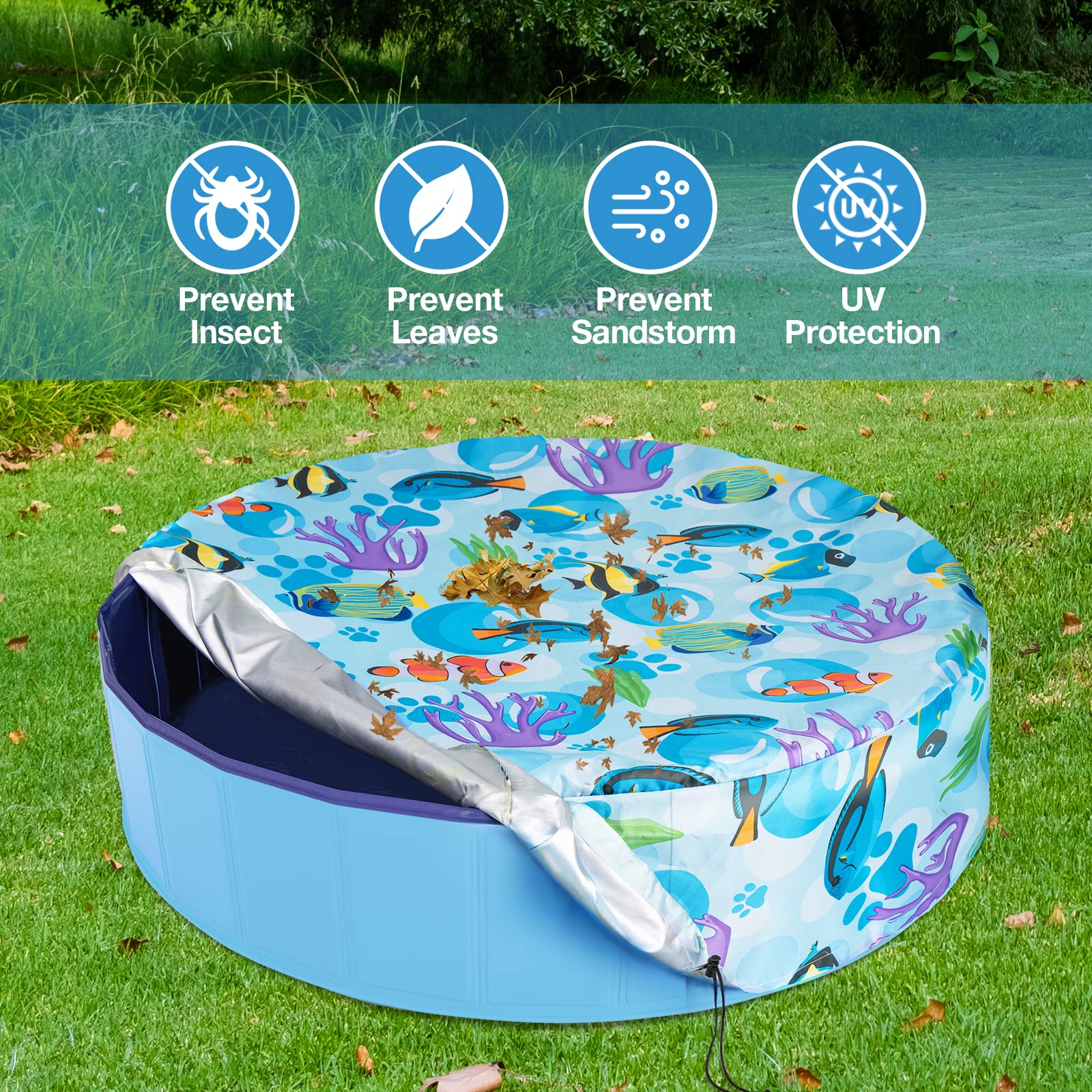 Ladadee Foldable Round Dog Swimming Pool Cover, for 63" Collapsible Outdoor Tub, PVC Coating Waterproof and UV Protection, Leakproof Washable Kiddie Pet Small Paddling Bath Accessories