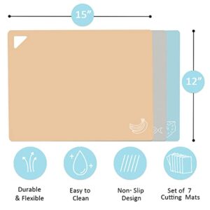 7 Pieces Plastic Flexible Cutting Boards for Kitchen, Non Slip Cutting Mats with Food Icons, Easy-Grip Handles, BPA- Free, 15"x12"