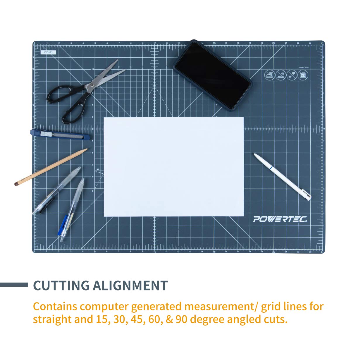 POWERTEC 61002 18” x 24” A2 Non-Slip Double Sided Rotary Cutting Mat with Grid, Table Protector for Crafting, Sizing, Tracing, Sewing, Quilting, Scrapbooking, Arts and Crafts Woodworking