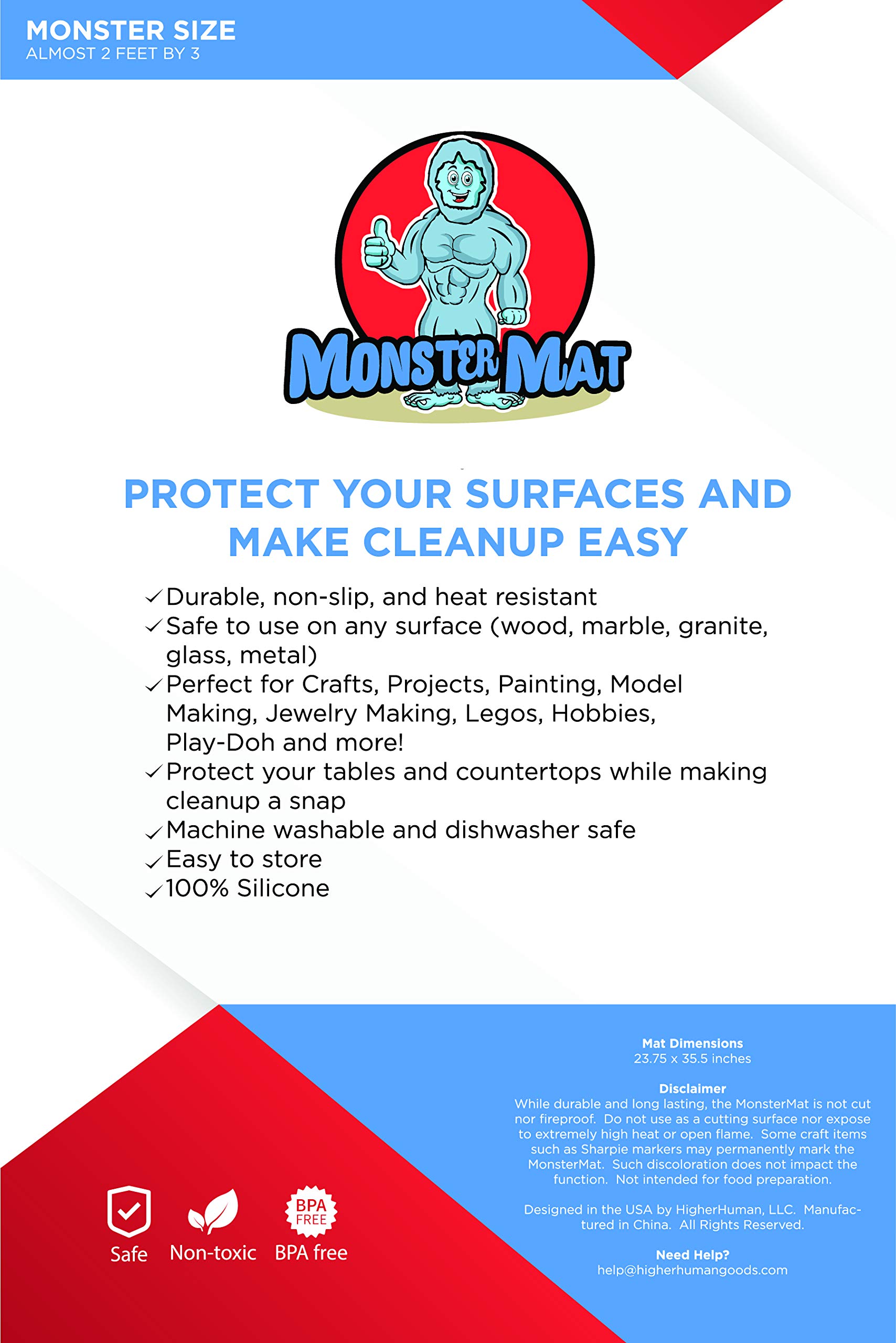 MonsterMat 36x24 Inch Extra Large Silicone Table Protector Craft Mat for Painting, Clay, Projects, Arts and Crafts and More. Easy Clean Up and Rolls for Storage. Largest Mat Available. (Blue)