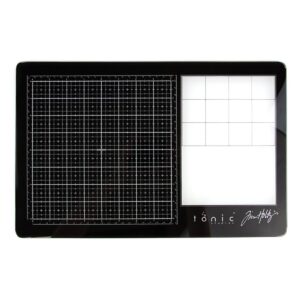 tim holtz travel glass cutting mat - portable work surface with 8x8 measuring grid and palette for mixed media - art supplies with carry case