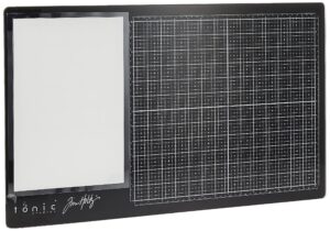 tim holtz glass cutting mat - left handed work surface with 12x14 measuring grid and palette for paint, ink, and mixed media - art and craft supplies