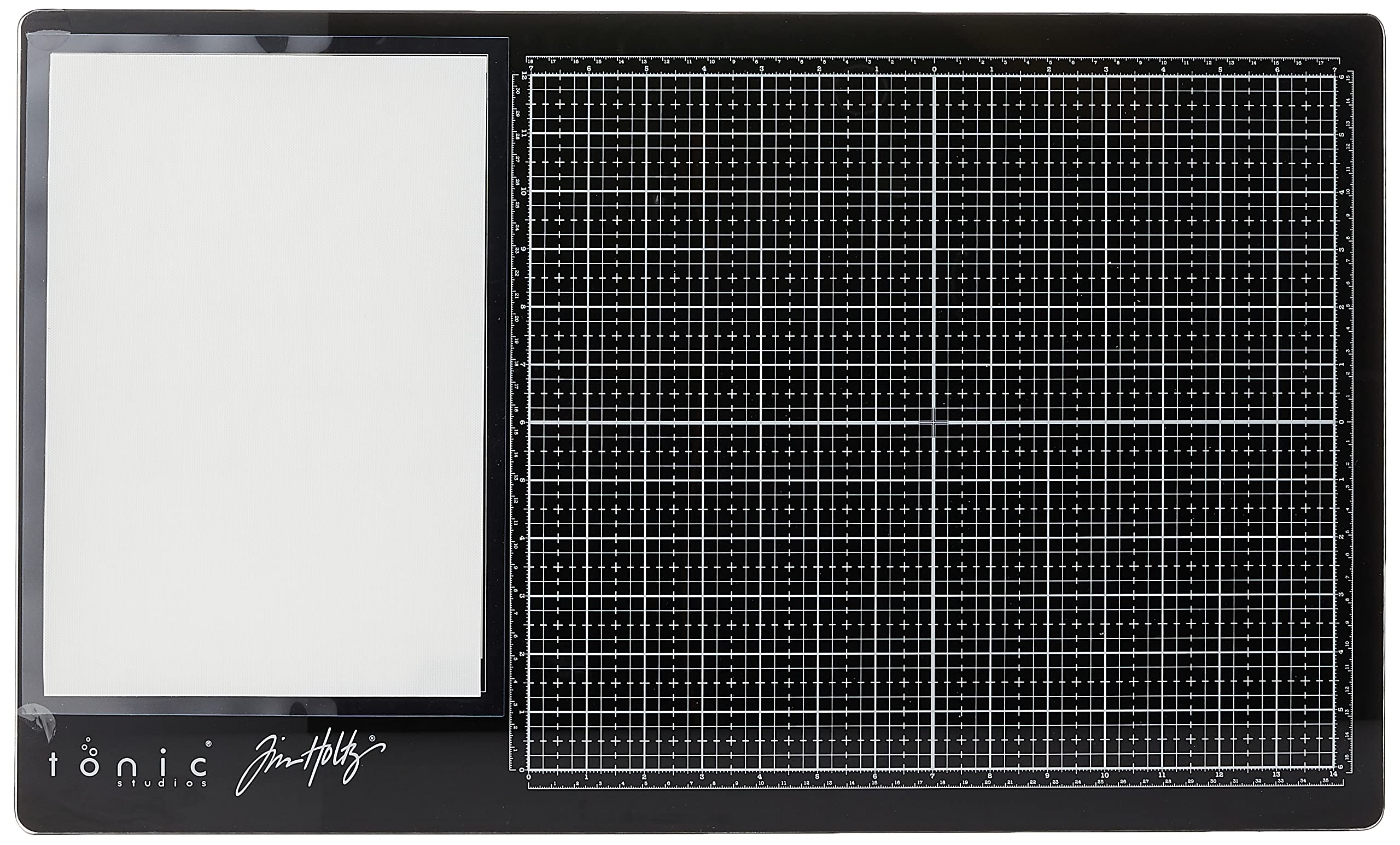 Tim Holtz Glass Cutting Mat - Left Handed Work Surface with 12x14 Measuring Grid and Palette for Paint, Ink, and Mixed Media - Art and Craft Supplies