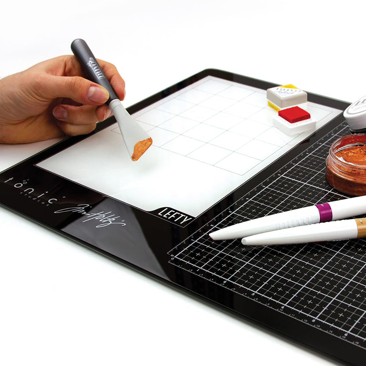 Tim Holtz Glass Cutting Mat - Left Handed Work Surface with 12x14 Measuring Grid and Palette for Paint, Ink, and Mixed Media - Art and Craft Supplies