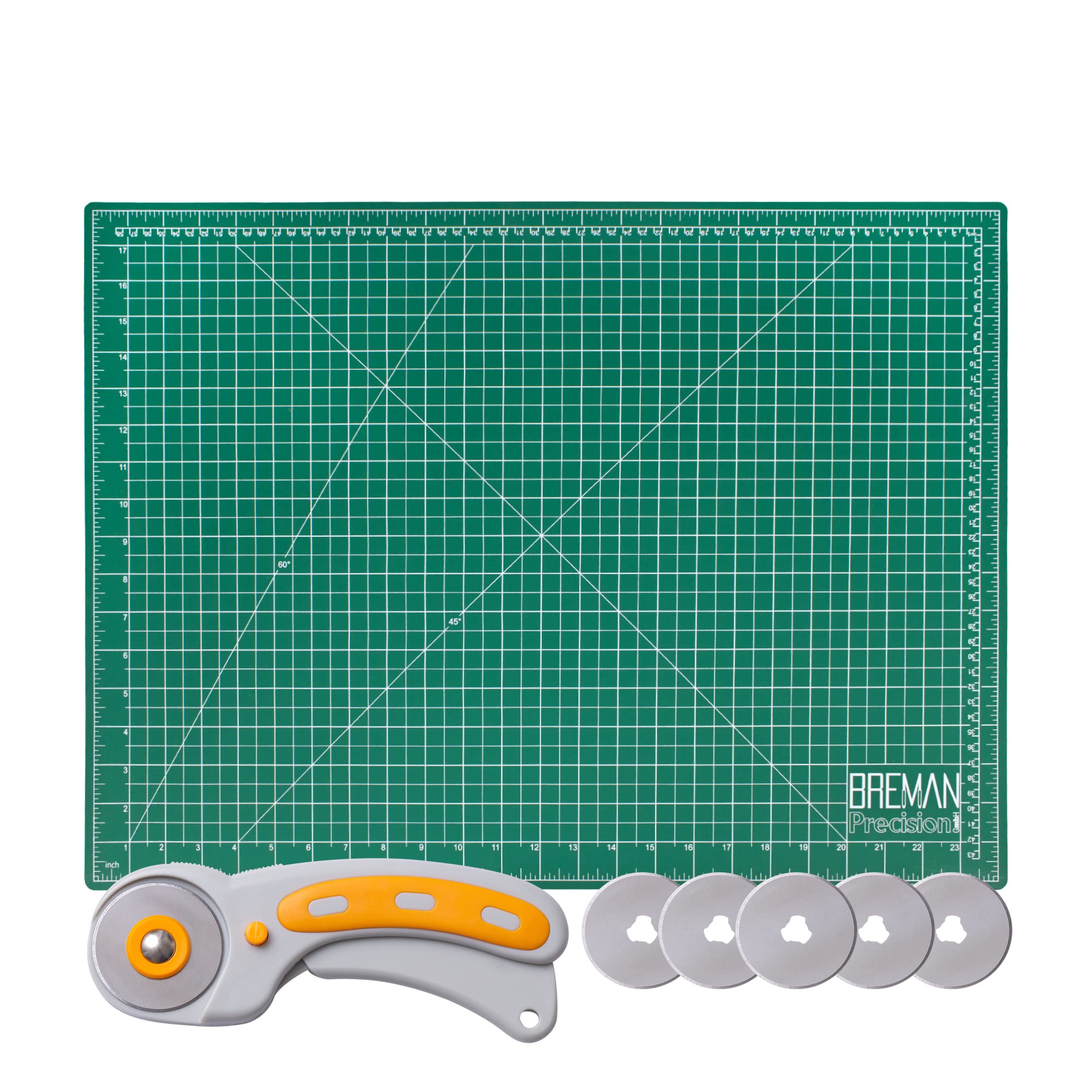 WA Portman Self Healing Cutting Mat & Rotary Cutter for Fabric Set - 18x24 Inch Rotary Cutter Mat - 45mm Rotary Cutter and Mat - 5 Rotary Fabric Cutter Blades - Sewing Cutting Mat for Sewing Supplies