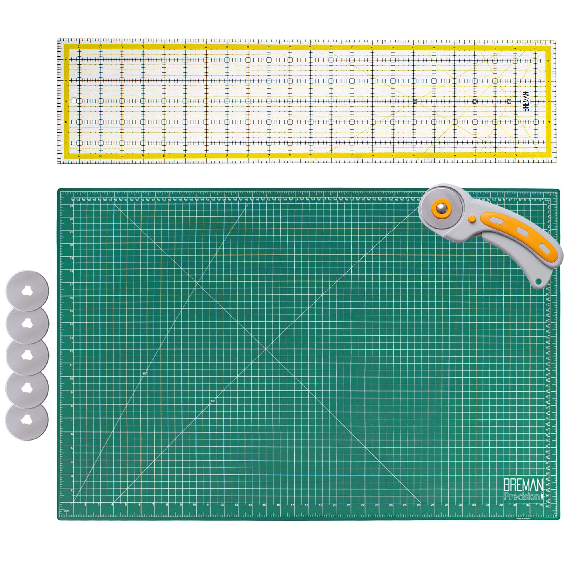 WA Portman Rotary Cutter Set & Cutting Mat for Sewing - 45mm Rotary Cutter for Fabric & 5 Blades - 24x36 In Fabric Cutting Mat - 6x24 In Acrylic Ruler for Cutting Fabric - Rotary Cutter and Mat Set
