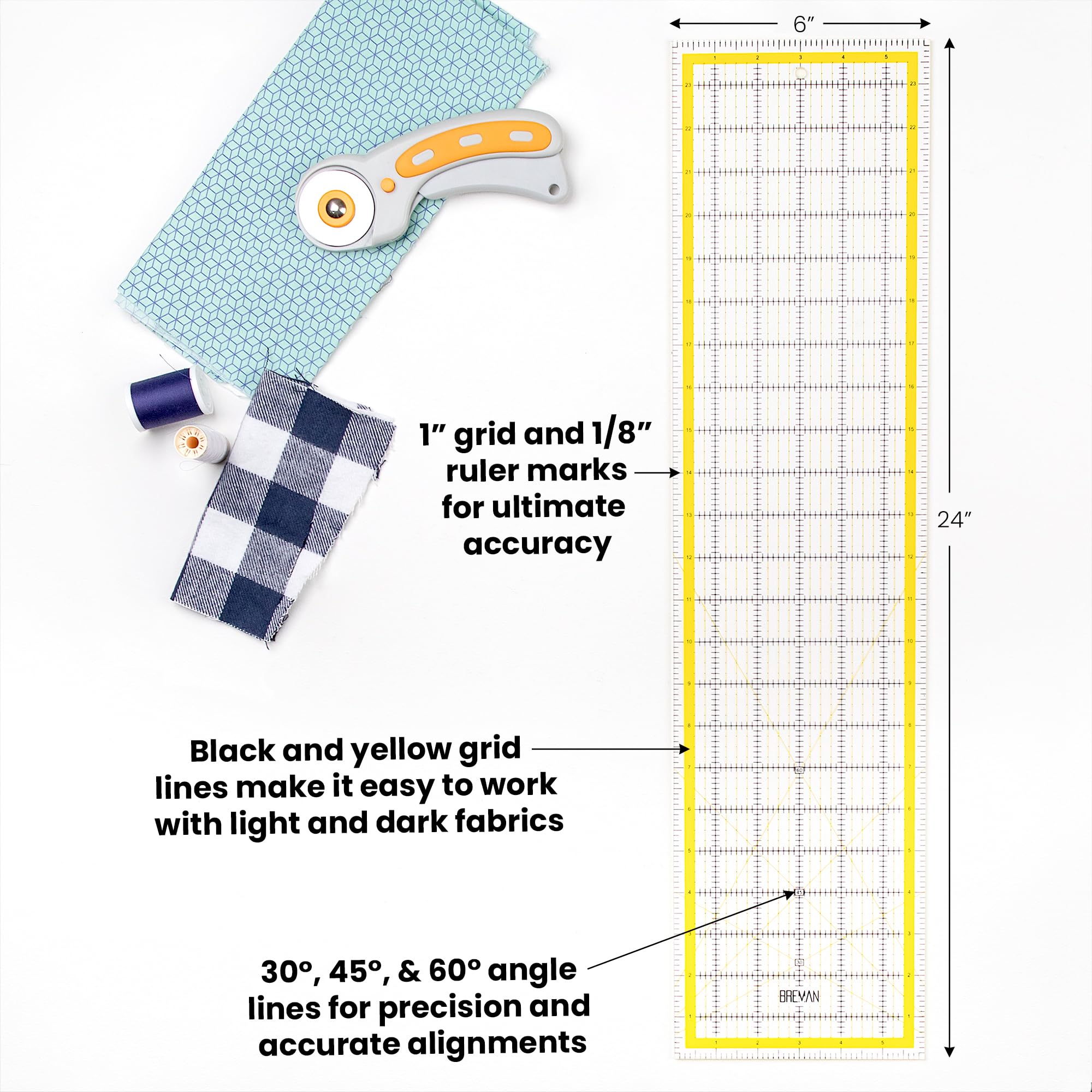 WA Portman Rotary Cutter Set & Cutting Mat for Sewing - 45mm Rotary Cutter for Fabric & 5 Blades - 24x36 In Fabric Cutting Mat - 6x24 In Acrylic Ruler for Cutting Fabric - Rotary Cutter and Mat Set