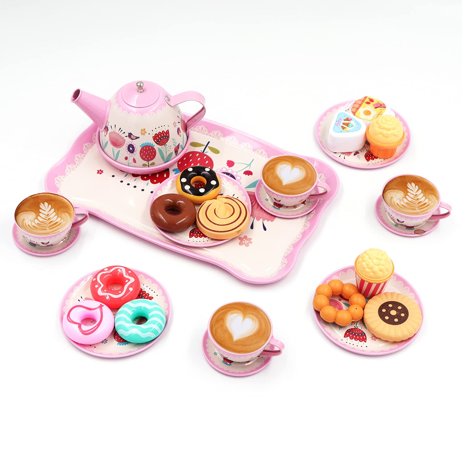 44PCS Tea Set for Little Girls, Princess Tea Time Toys Playset- Teapot Dishes Dessert & Carrying Case, Kitchen Pretend Play Tin Tea Party Set Gifts for Kids Toddlers Toy (Flower Desgin)