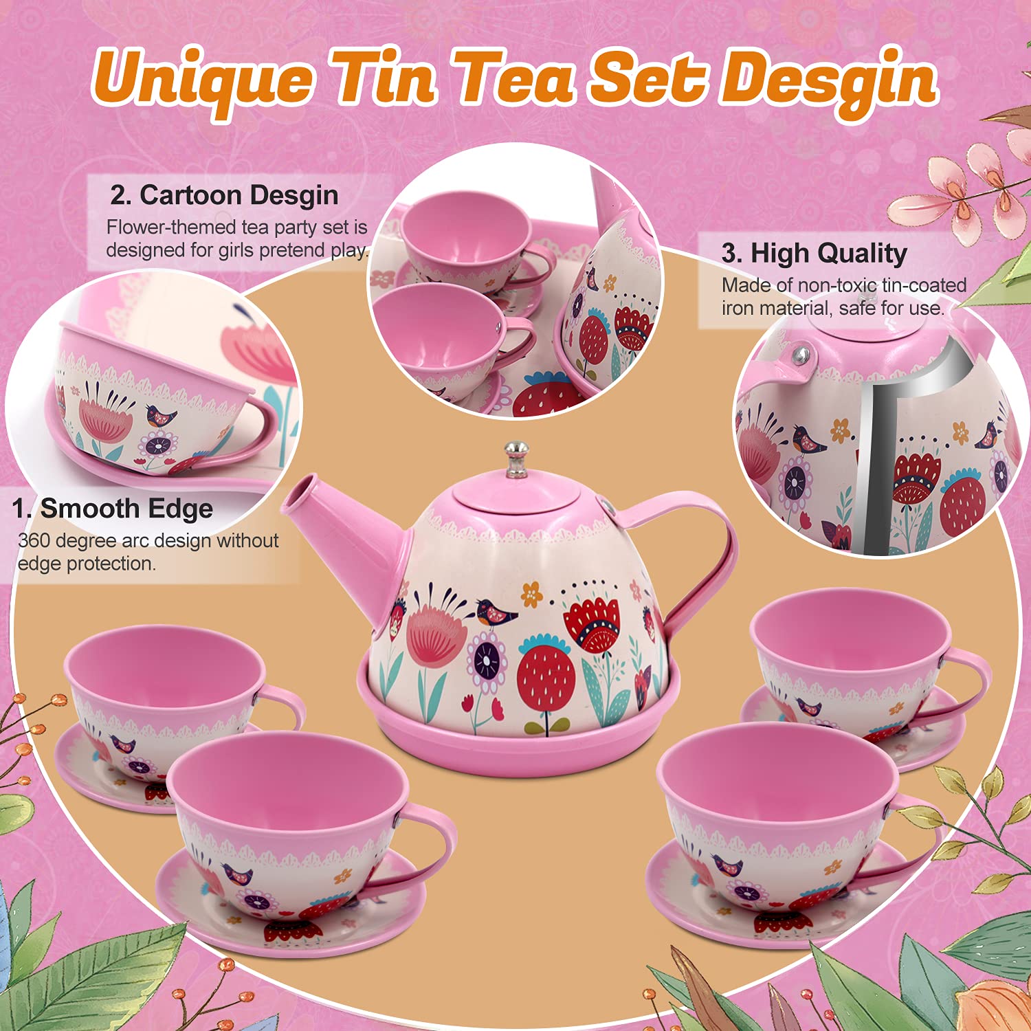 44PCS Tea Set for Little Girls, Princess Tea Time Toys Playset- Teapot Dishes Dessert & Carrying Case, Kitchen Pretend Play Tin Tea Party Set Gifts for Kids Toddlers Toy (Flower Desgin)