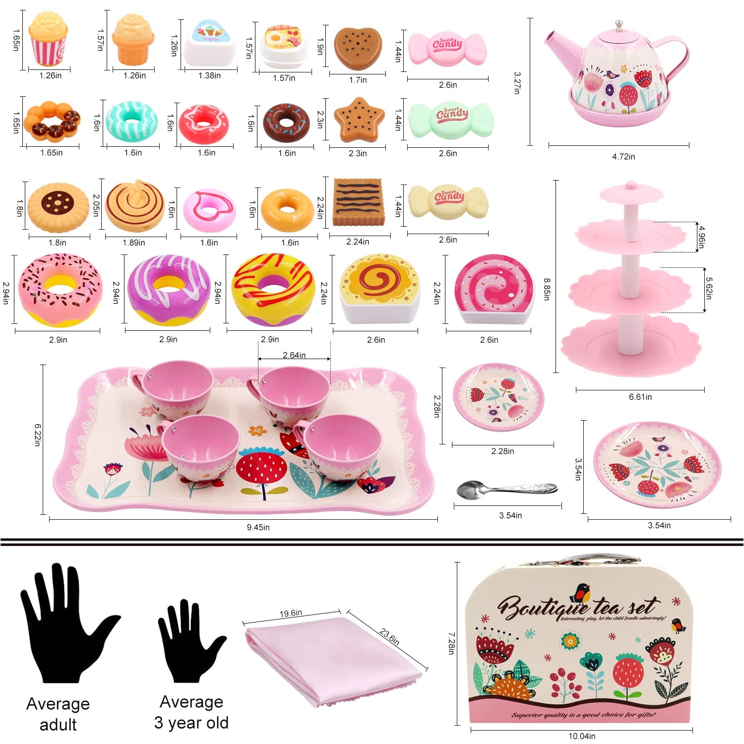 44PCS Tea Set for Little Girls, Princess Tea Time Toys Playset- Teapot Dishes Dessert & Carrying Case, Kitchen Pretend Play Tin Tea Party Set Gifts for Kids Toddlers Toy (Flower Desgin)