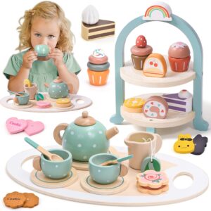 atoylink wooden tea party set for little girls 28 pcs toddler tea set with cupcake stand & food pretend play accessories kids kitchen playset wooden toys for 2 3 4 5 6 year old girl birthday gift