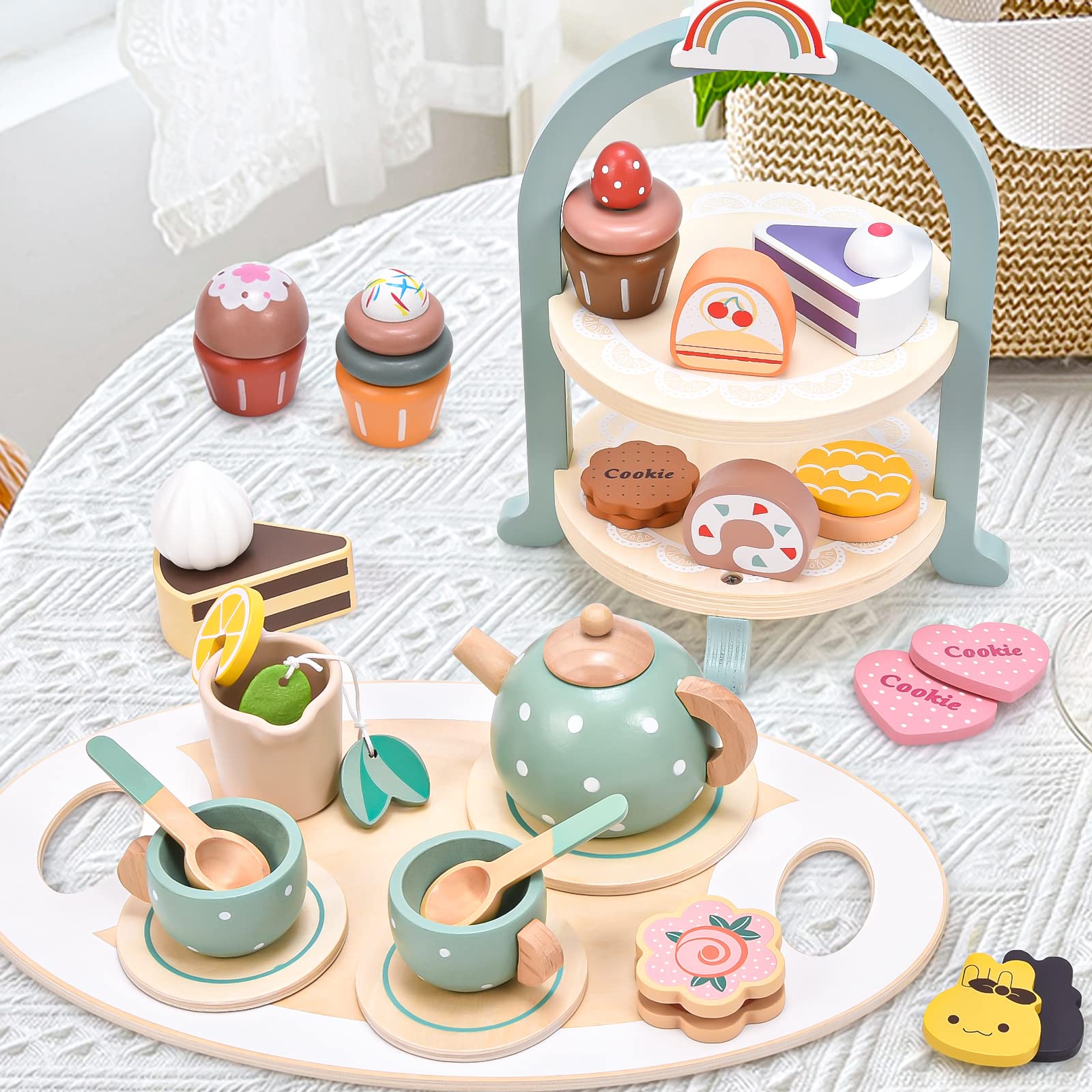 Atoylink Wooden Tea Party Set for Little Girls 28 Pcs Toddler Tea Set with Cupcake Stand & Food Pretend Play Accessories Kids Kitchen Playset Wooden Toys for 2 3 4 5 6 Year Old Girl Birthday Gift