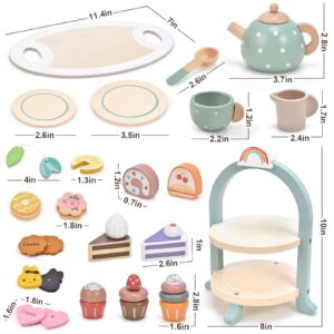 Atoylink Wooden Tea Party Set for Little Girls 28 Pcs Toddler Tea Set with Cupcake Stand & Food Pretend Play Accessories Kids Kitchen Playset Wooden Toys for 2 3 4 5 6 Year Old Girl Birthday Gift