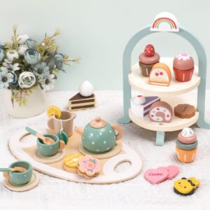 Atoylink Wooden Tea Party Set for Little Girls 28 Pcs Toddler Tea Set with Cupcake Stand & Food Pretend Play Accessories Kids Kitchen Playset Wooden Toys for 2 3 4 5 6 Year Old Girl Birthday Gift