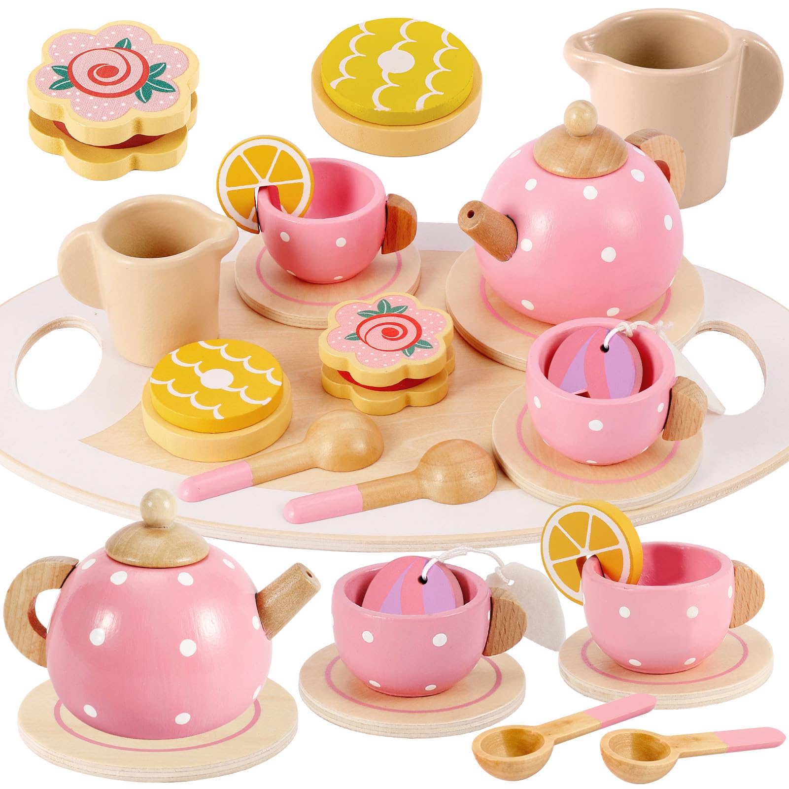 BUYGER Pretend Play Princess Tea Party Set for 3 4 5 6 + Year Old Wooden Kitchen Play Food Accessories Sets Christmas Birthday Gifts for Toddler Little Girls Boys Age 3-5
