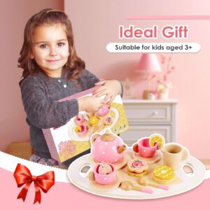 BUYGER Pretend Play Princess Tea Party Set for 3 4 5 6 + Year Old Wooden Kitchen Play Food Accessories Sets Christmas Birthday Gifts for Toddler Little Girls Boys Age 3-5