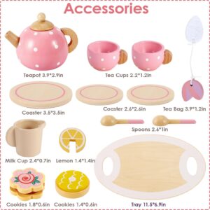 BUYGER Pretend Play Princess Tea Party Set for 3 4 5 6 + Year Old Wooden Kitchen Play Food Accessories Sets Christmas Birthday Gifts for Toddler Little Girls Boys Age 3-5