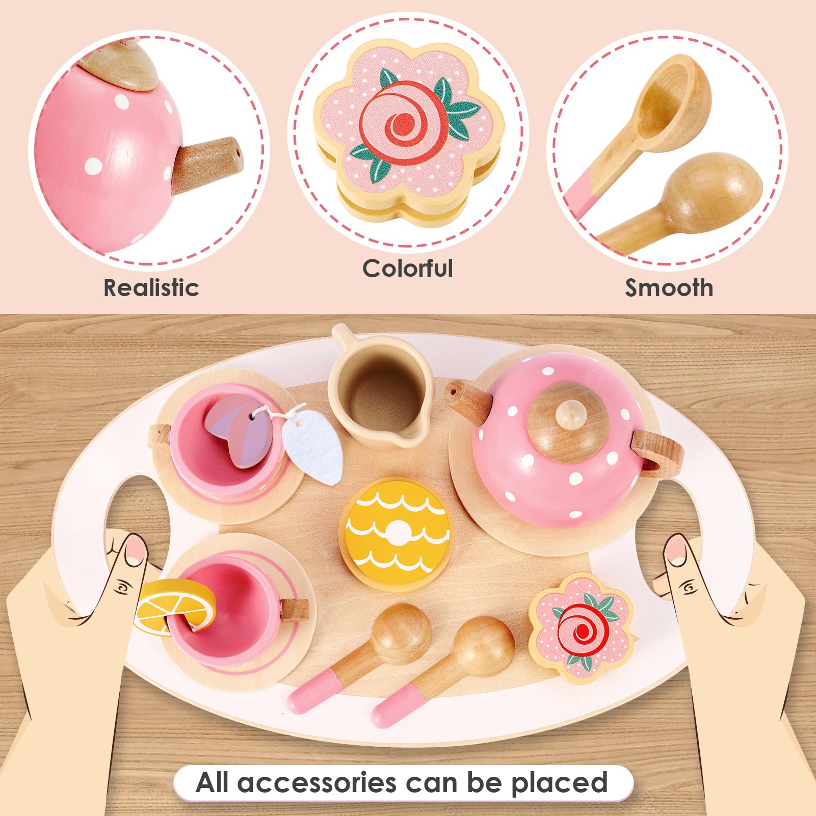 BUYGER Pretend Play Princess Tea Party Set for 3 4 5 6 + Year Old Wooden Kitchen Play Food Accessories Sets Christmas Birthday Gifts for Toddler Little Girls Boys Age 3-5