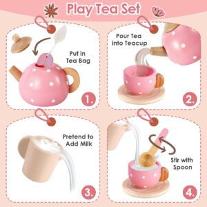 BUYGER Pretend Play Princess Tea Party Set for 3 4 5 6 + Year Old Wooden Kitchen Play Food Accessories Sets Christmas Birthday Gifts for Toddler Little Girls Boys Age 3-5