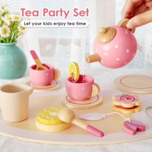 BUYGER Pretend Play Princess Tea Party Set for 3 4 5 6 + Year Old Wooden Kitchen Play Food Accessories Sets Christmas Birthday Gifts for Toddler Little Girls Boys Age 3-5