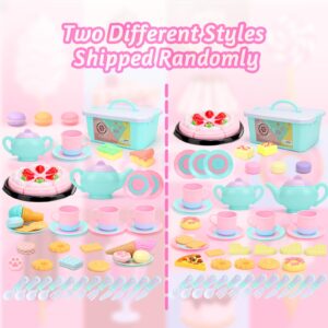 Tagitary Tea Party Set for Little Girls, 52 PCS Kids Pretend Play Toys with Dessert, Ice Cream, Donuts, Teapot, Cups and Carrying Case, Birthday Gift for Toddlers Girls Boys Age 3-6