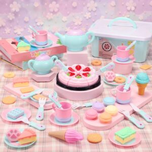 Tagitary Tea Party Set for Little Girls, 52 PCS Kids Pretend Play Toys with Dessert, Ice Cream, Donuts, Teapot, Cups and Carrying Case, Birthday Gift for Toddlers Girls Boys Age 3-6