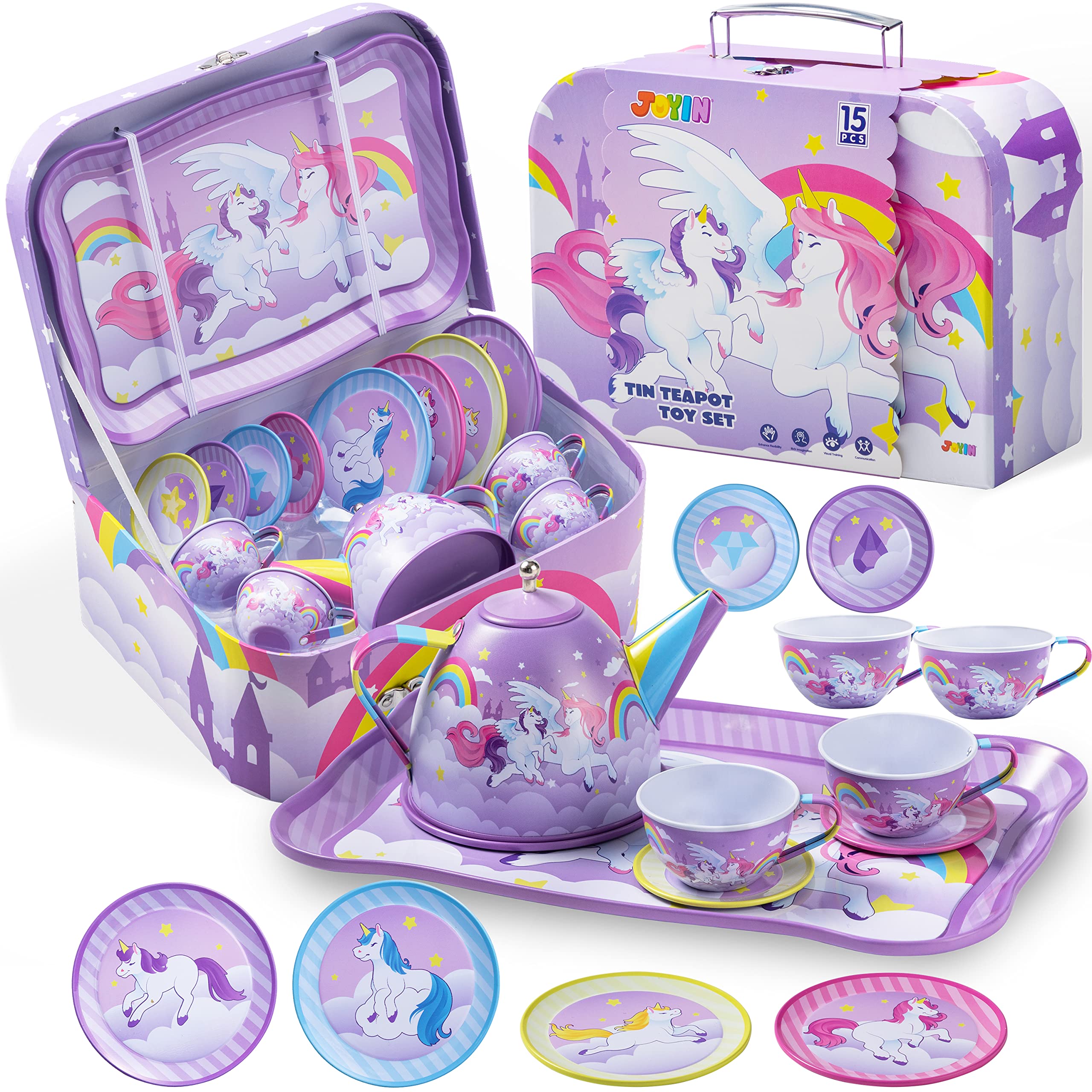 JOYIN Unicorn Tea Party Set for Little Girls, Pretend Purple Tin Teapot Set, Princess Tea Time Play Kitchen Toy with Teapot, Cup, Plate, Carrying Case for Birthday Easter Gift Kids Toddler Age 3 4 5 6