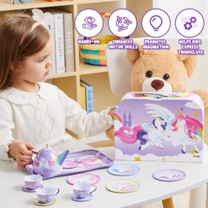 JOYIN Unicorn Tea Party Set for Little Girls, Pretend Purple Tin Teapot Set, Princess Tea Time Play Kitchen Toy with Teapot, Cup, Plate, Carrying Case for Birthday Easter Gift Kids Toddler Age 3 4 5 6